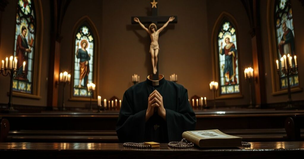 Portret zamordowanego franciszkanina o. Maksymiliana Adama Świerżewskiego w tradycyjnym stroju liturgicznym przed krzyżem w ciemnej kościelnej kaplicy.