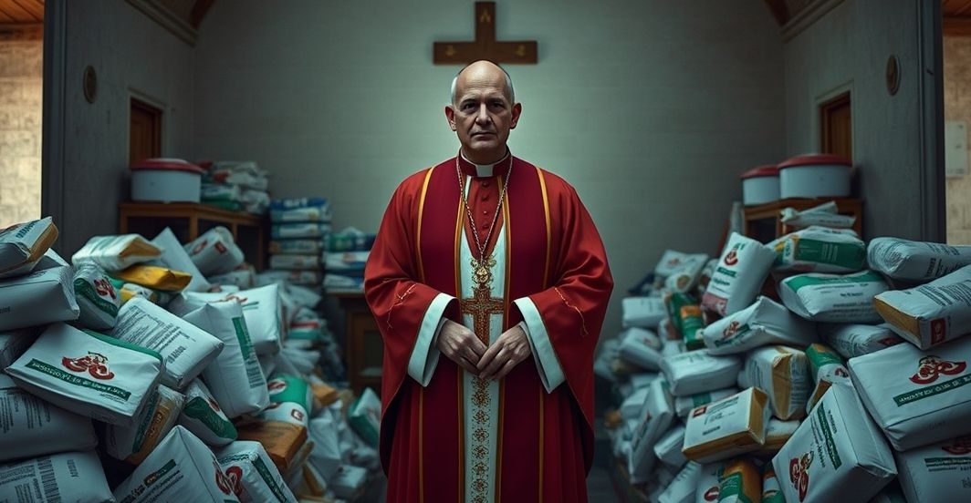 Kaplica katolicka z opuszczonym ołtarzem i rozrzuconymi materiałami humanitarnymi, symbolizującymi zaniedbanie nadprzyrodzonej misji Kościoła przez organizacje charytatywne.