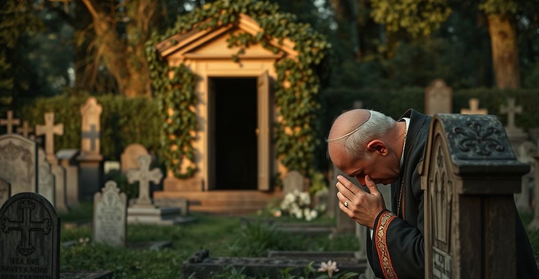 Stary, zaniedbany cmentarz katolicki z ruiną kaplicy grobowej w tle, staruszek modlących się przed grobem w tradycyjnym stroju kościelnym.