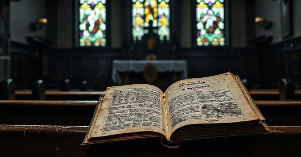 Zaniedbany kościelny wnętrze z porzuconym ołtarzem i czasopismem Tygodnik Powszechny z satyrycznym rysunkiem