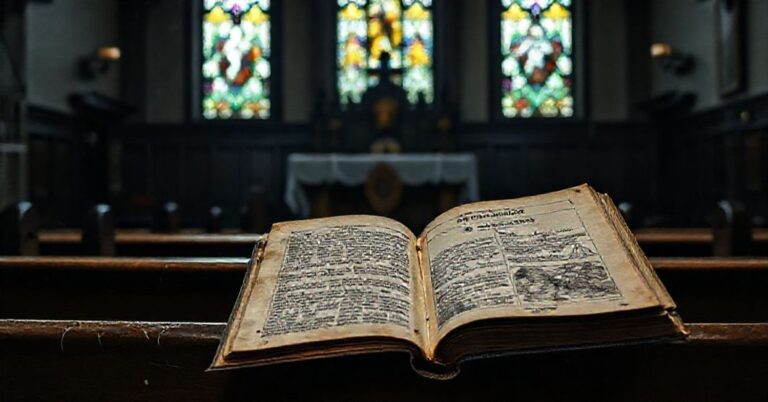 Zaniedbany kościelny wnętrze z porzuconym ołtarzem i czasopismem Tygodnik Powszechny z satyrycznym rysunkiem