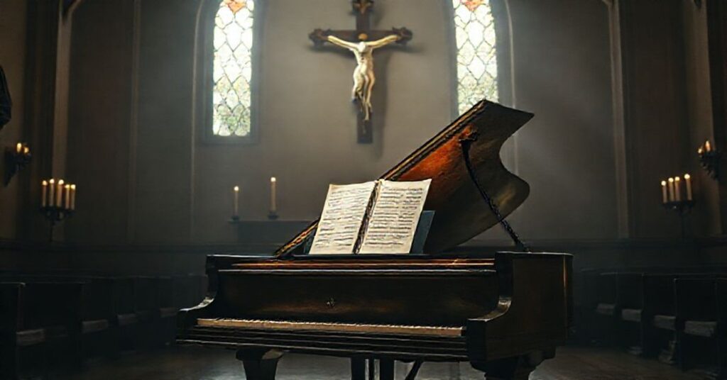 Zaniedbany kościół z pianinem, symbolizujący utratę duchowego wymiaru muzyki Chopina