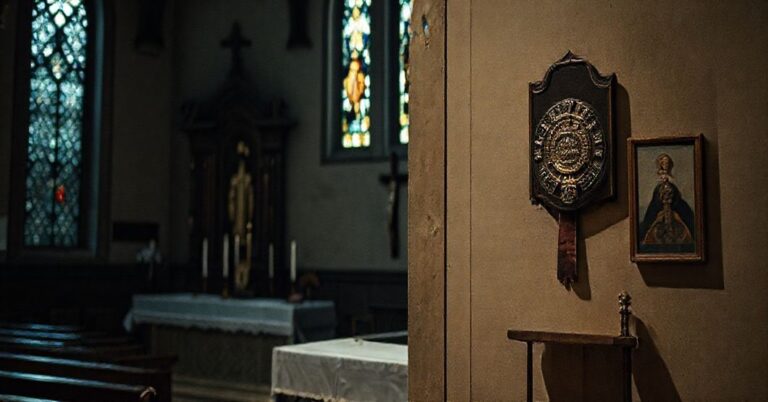 Zaniedbany ołtarz w kościele z widocznymi śladami nowoczesnej sekularyzacji.