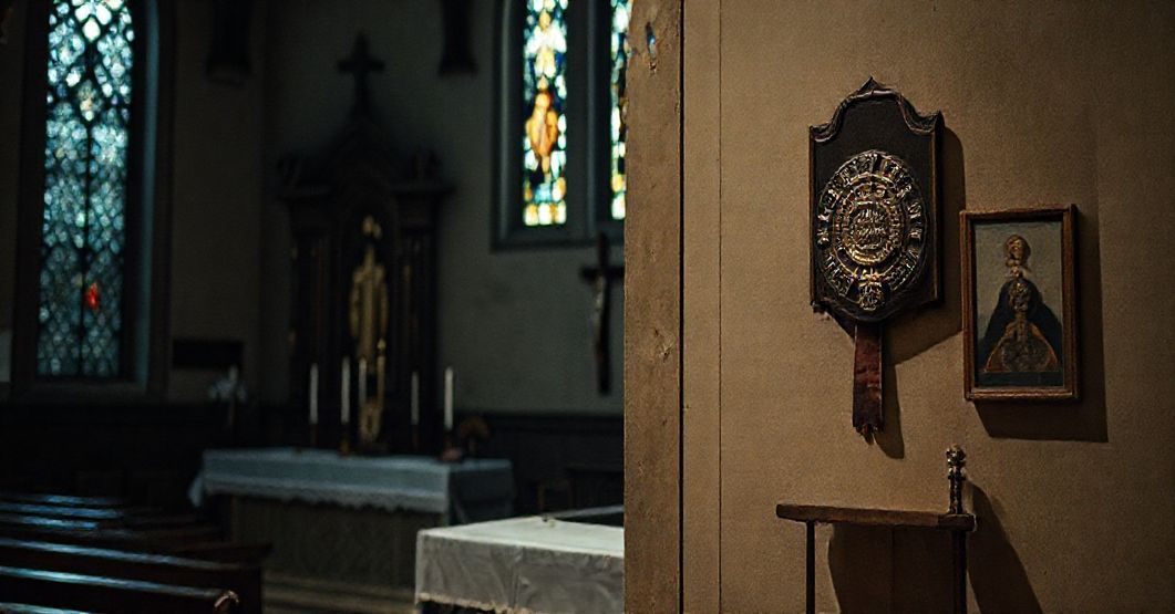 Zaniedbany ołtarz w kościele z widocznymi śladami nowoczesnej sekularyzacji.