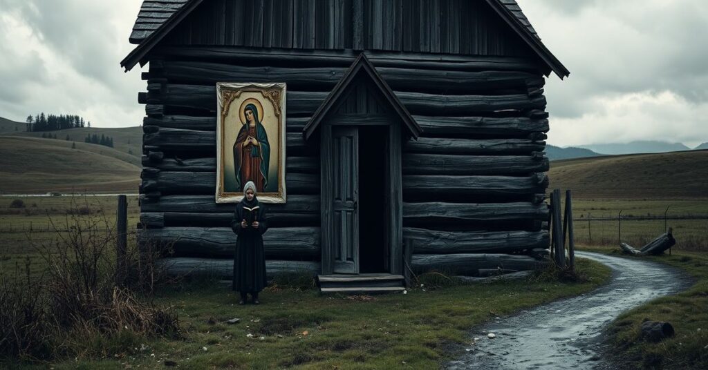 Zaniedbany kościół drewniany w Karpatach z ikoną Matki Boskiej w tle
