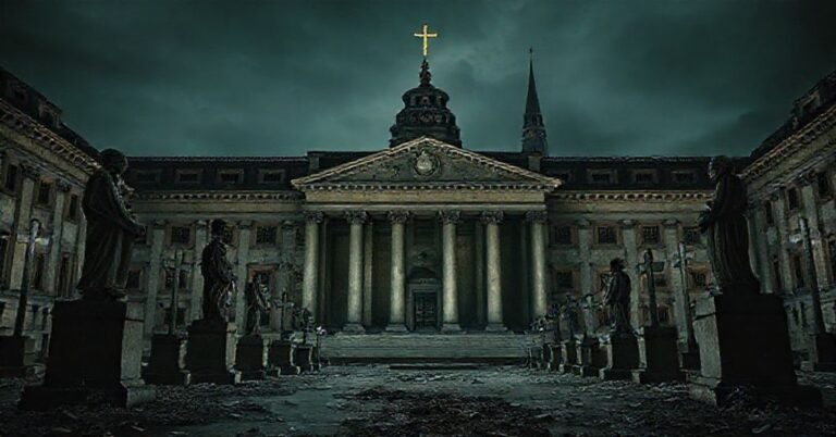 Zaniedbany parlament z pękniętymi posągami polityków w tle kościoła. Wizja katolickiej krytyki demokracji.