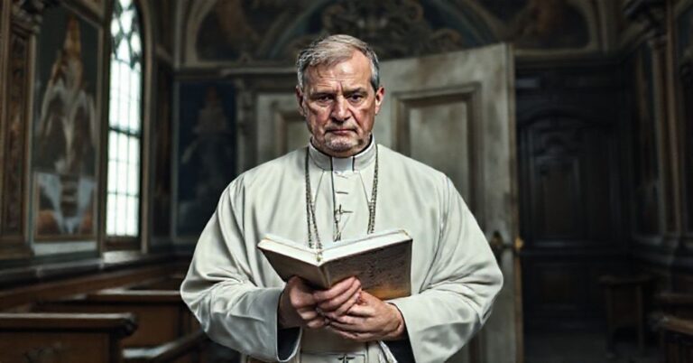 Prywatne zdjęcie przedstawiającego katolickiego księdza w tradycyjnych szatach liturgicznych przed opuszczonym confessionalem, symbolizujące zanik katolickiej tożsamości.