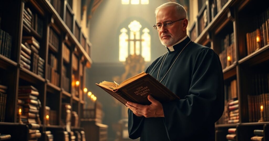 Starszy ksiądz w sutannie trzymający Biblię w ciemnym kościelnym wnętrzu w otoczeniu klasycznych katolickich książek