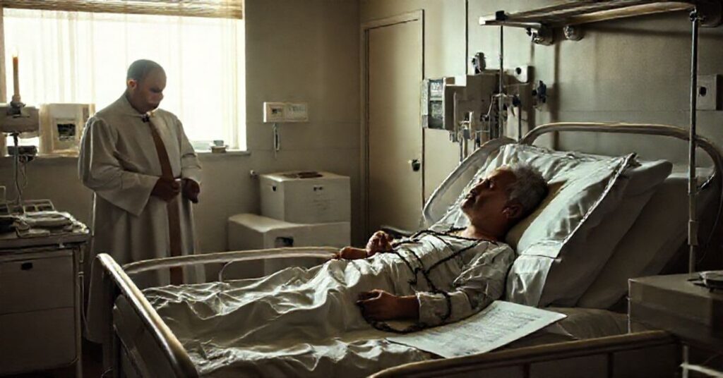 Pokoj szpitalny z pacjentem w łóżku otoczonym sprzętem medycznym. Brak kapłana, słaby blask świecy sugeruje zapomnianą opiekę duchową. Pacjent trzyma różaniec, obok leży nowoczesna karta medyczna.