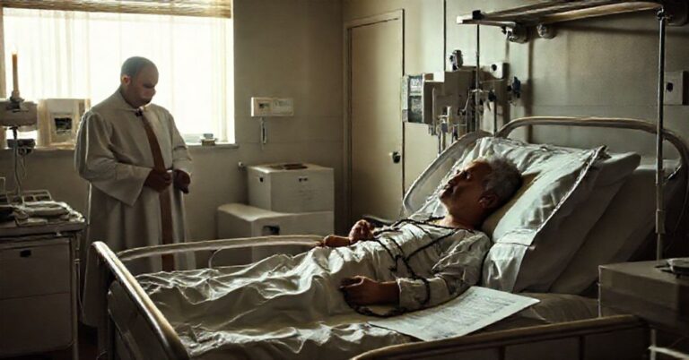 Pokoj szpitalny z pacjentem w łóżku otoczonym sprzętem medycznym. Brak kapłana, słaby blask świecy sugeruje zapomnianą opiekę duchową. Pacjent trzyma różaniec, obok leży nowoczesna karta medyczna.