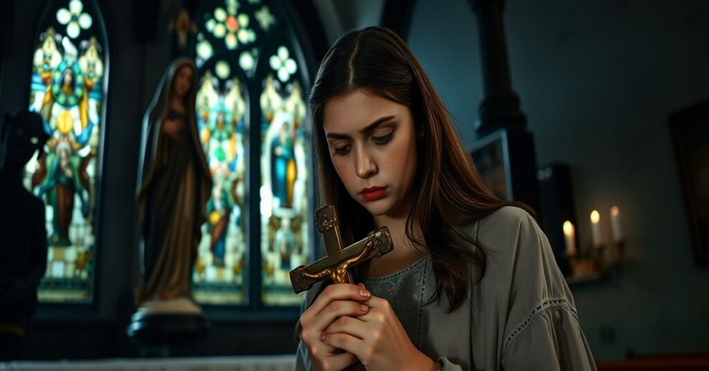 Młoda kobieta trzymająca krzyż przed zniszczonym kościołem z cieniem Zary Larsson w tle