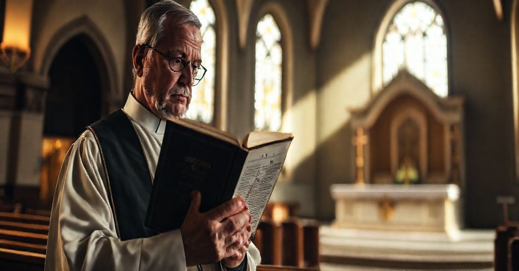 Zaniepokojony ksiądz w tradycyjnym stroju kapłańskim stoi przed pustym tabernakulum w starannie utrzymanej świątyni katolickiej. W tle widoczne są przedmioty kultu z czasów przed soborowymi.