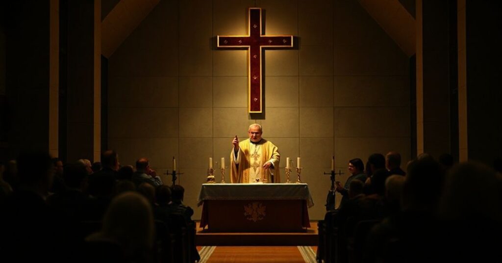 Obrąd fałszywego poświęcenia kościoła w Zarzeczu przez "biskupa" Krzysztofa Nitkiewicza, przedstawiający modernistyczną fasadę bez krzyża i fałszywy ołtarz z relikwiami św. Klemensa Marii Hofbauera.