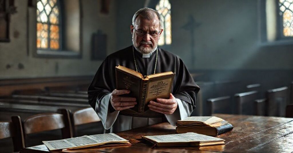 Tradycyjny ksiądz w kaplicy z Biblią Tysiącletnia i dokumentami Soboru Watykańskiego II.