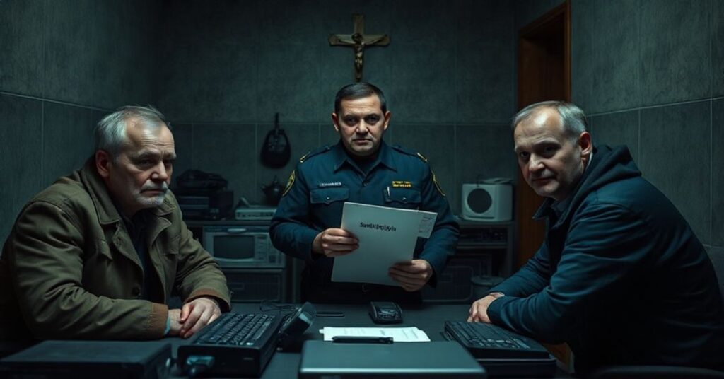 Trzej Ukraińcy w wieku 43, 42 i 39 lat są przesłuchiwani przez polskich policjantów w przyciemnionym pokoju. Scena symbolizuje upadek moralny i niedostateczną obronę katolickich wartości.