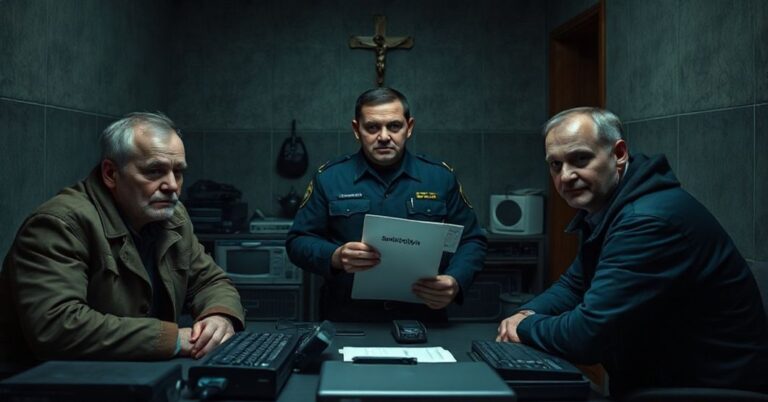 Trzej Ukraińcy w wieku 43, 42 i 39 lat są przesłuchiwani przez polskich policjantów w przyciemnionym pokoju. Scena symbolizuje upadek moralny i niedostateczną obronę katolickich wartości.