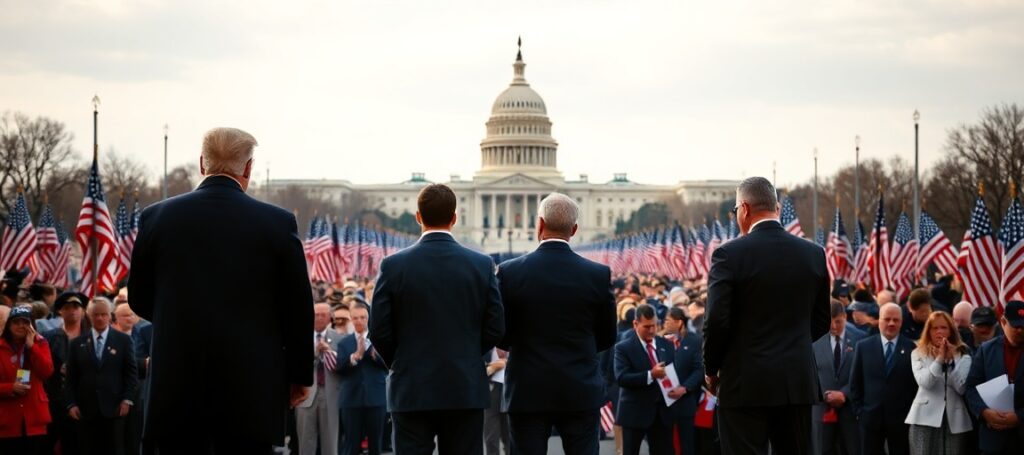 Obraz przedstawiający uroczystość „Rededicate 250” na National Mall w Waszyngtonie z udziałem Donalda Trumpa, J.D. Vance’a, Marco Rubio i Pete Hegsetha. Tłumy zebrane na modlitwę bez Chrystusa Króla.
