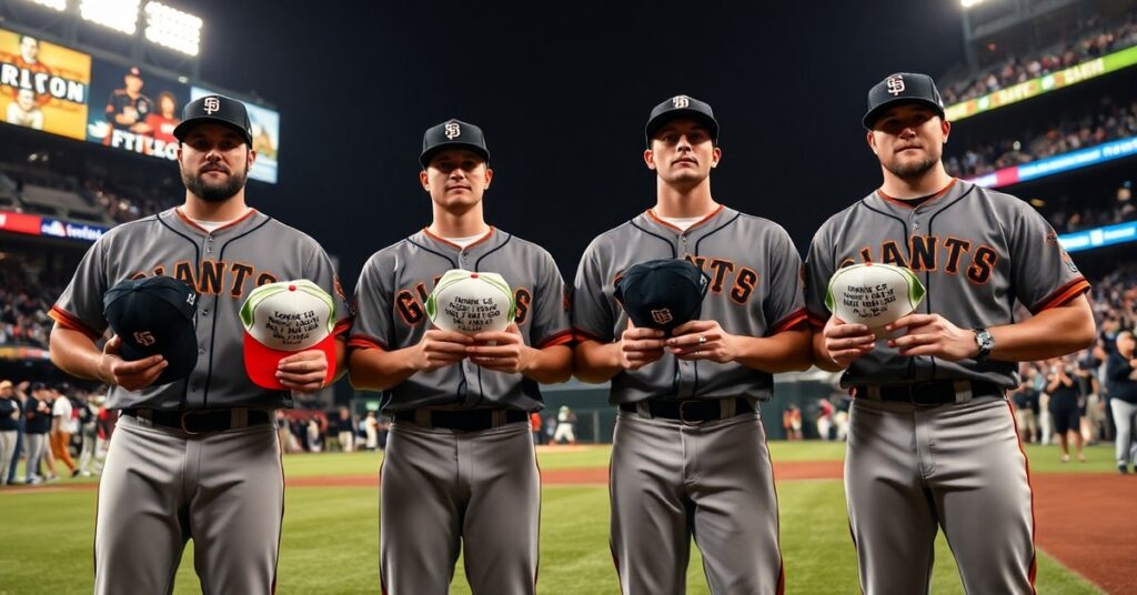 Grupa katolickich zawodników MLB trzymających czapki z napisanymi fragmentami Księgi Rodzaju w czasie 'Pride Night'