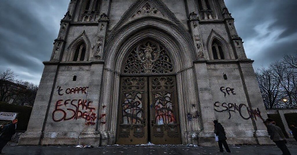 Zbezczeszczona bazylika Sacré-Cœur w Lourdes z nawalonymi drzwiami i blaszfemicznymi napisami