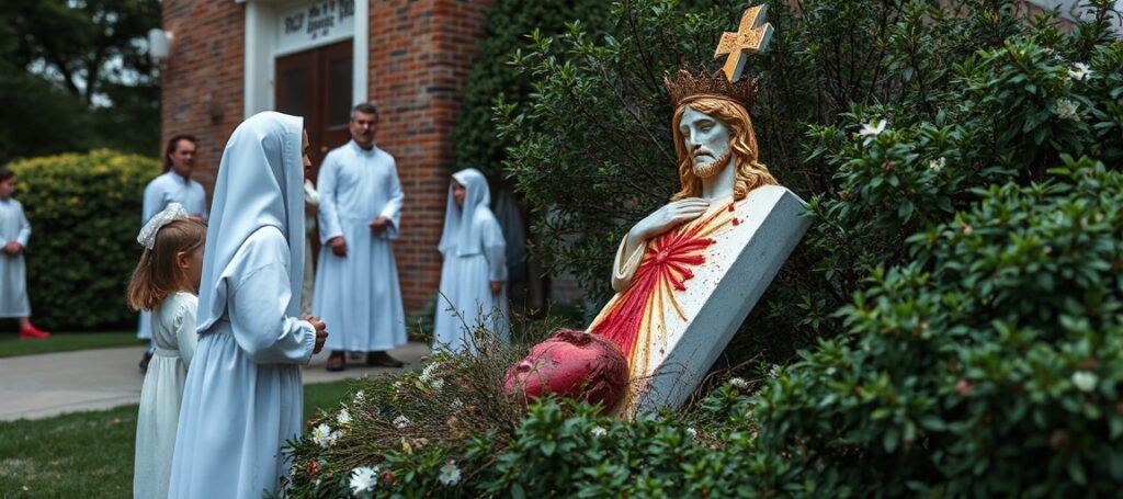 Oblany posąg Najświętszego Serca Jezusa w parafii św. Marii w East Islip na Long Island w stanie Nowy Jork