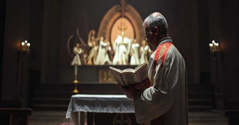 Ksiądz w tradycyjnych szatach stoi smutno przy ołtarzu podczas heretyckiej inscenizacji liturgicznej, podkreślając zbezczeszczenie katolickiej nauki.