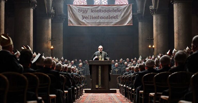 Zebranie biskupów na Jasnej Górze podczas rekolekcji pod przewodnictwem ks. Jana Jędraszka, symbolizujące kryzys wiary i odrzucenie nauczania katolickiego.