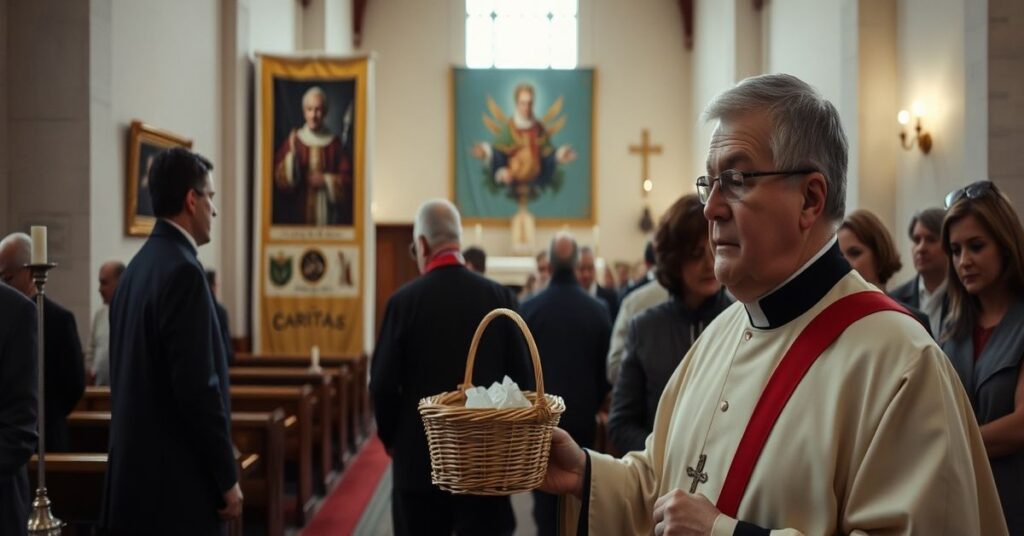 Tradycyjny wnętrze kościoła podczas tradycyjnej mszy świętej z widoczną zbiórką pieniędzy na pomoc Ukrainie przez Caritas Polska. Scena ukazuje krytykę modernistycznej dewiacji w Kościele.