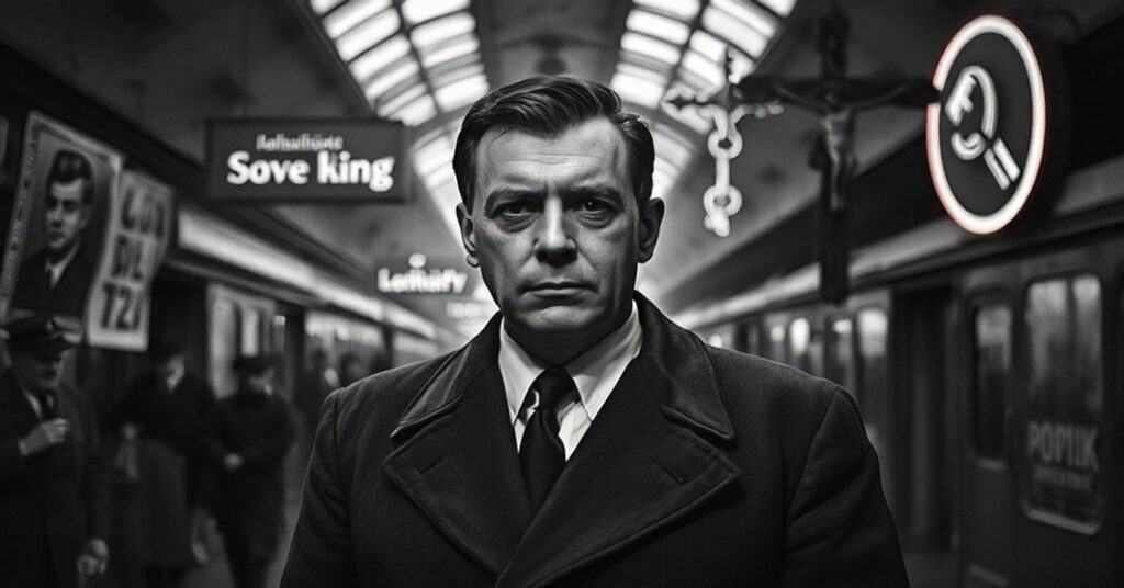 Portret Zbigniewa Cybulskiego w roli Macieka Chelmickiego z filmu "Popioły i diament", symbolizujący moralny upadek i kolaborację z komunistycznym reżimem w Polsce.