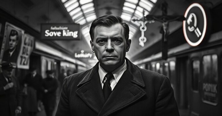 Portret Zbigniewa Cybulskiego w roli Macieka Chelmickiego z filmu "Popioły i diament", symbolizujący moralny upadek i kolaborację z komunistycznym reżimem w Polsce.