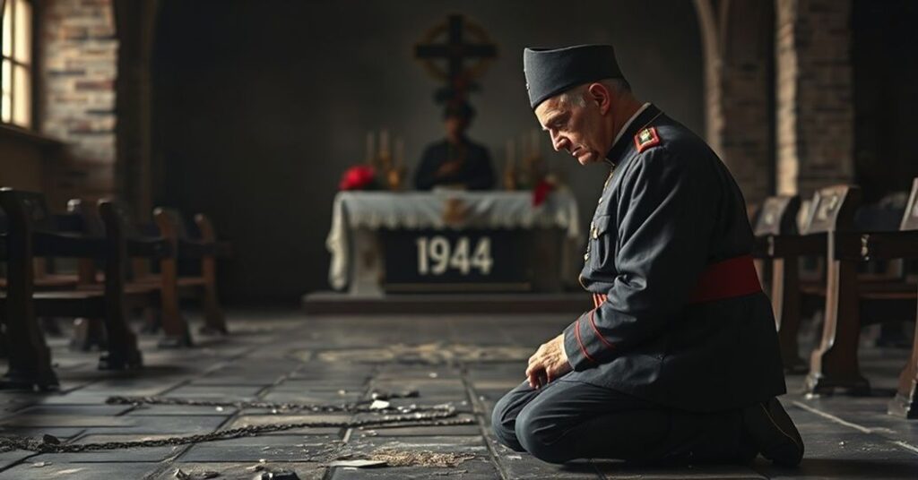 Pogrzebowy portret Zbigniewa Rylskiego z batalionu "Parasol", przedstawiający konflikt między bohaterstwem ziemskim i sądem Bożym.