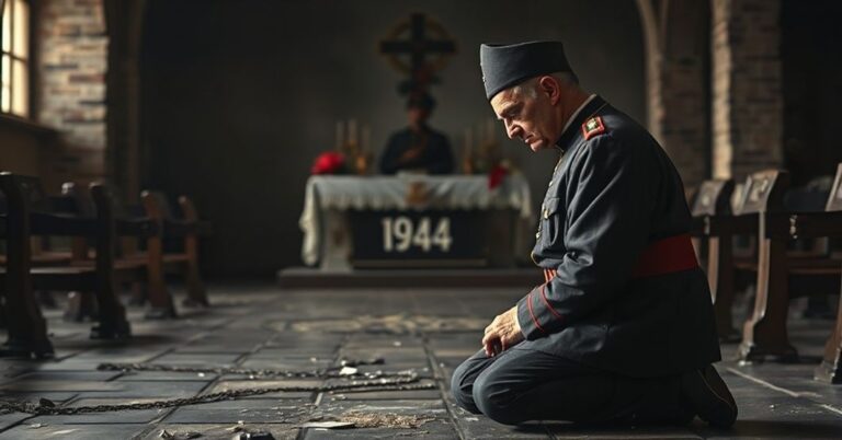 Pogrzebowy portret Zbigniewa Rylskiego z batalionu "Parasol", przedstawiający konflikt między bohaterstwem ziemskim i sądem Bożym.