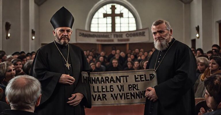 Zdjęcie przedstawia schizmatyczną ukraińską greckokatolicką zbiórkę "Andrzejowy Grosz" pod przewodnictwem "abpa" Swiatosława Szewczuka i "księdza" Lubomyra Jaworskiego. Scena ukazuje redukcję misji Kościoła do humanitaryzmu bez elementów chrześcijańskiego nauczania.