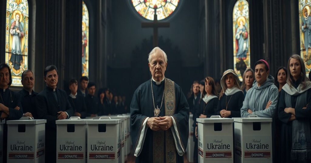 Scena w katedrze przedstawiająca "abp." Wojciecha Polaka w czasie zbiórki funduszy na Ukrainę.