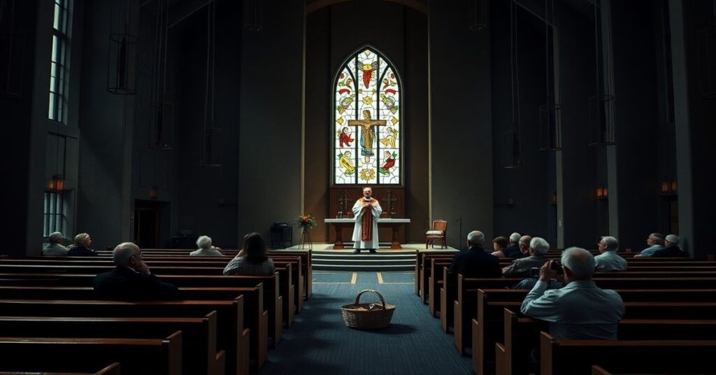 Ciężka atmosfera w nowoczesnym kościele katolickim podczas zbiórki pieniędzy przez USCCB. Wnętrze jest pustka, a nowoczesna dekoracja altaru pozbawiona tradycyjnych symboli katolickich.