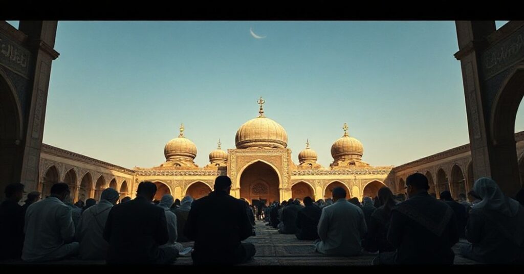 Grupa Iranian w modlitwie w meczecie podczas suszy w Teheranie, symbolizująca duchową pustkę i odrzucenie królewskiej władzy Chrystusa