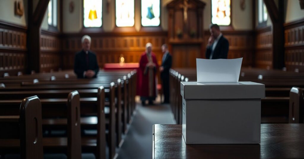 Wnętrze kościoła z drewnianymi ławkami i witrażami podczas zbiórki pieniędzy po mszy nowego porządku. Scena symbolizuje krytykę instrumentalizacji miłosierdzia w celach naturalistycznych.