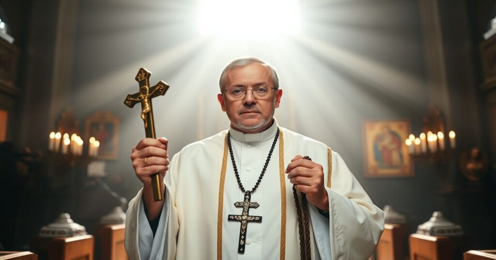 Ksiądz w tradycyjnym ornaty stoi w ciemnej kościelnej kaplicy z krzyżem i różańcem w ręku, otoczony boskim blaskiem.