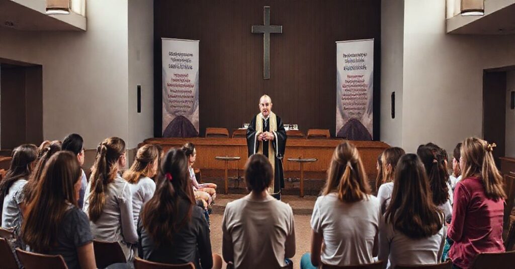 Grupa dziewcząt na modernistycznej pseudopielgrzymce w Zbrosławicach, bez tradycyjnych katolickich elementów pobożności