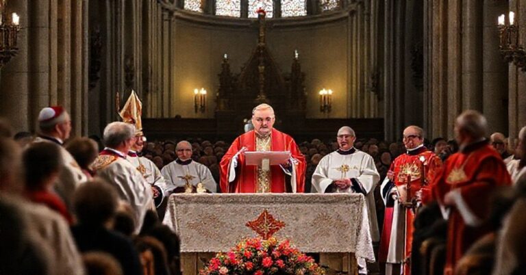 Smutny moment w katedrze poznańskiej podczas zakończenia modernistycznego 'Roku Jubileuszowego 2025' pod przywództwem zbuntowanego 'abpa' Zbigniewa Zielińskiego. Scena przedstawia fałszywych biskupów w nowoczesnych szatach liturgicznych.