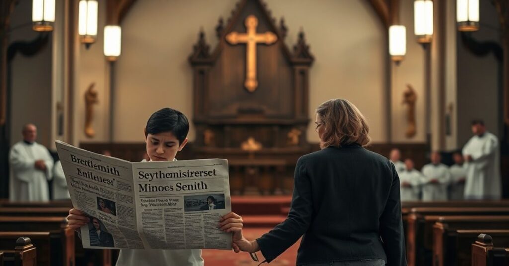 Ciemny wnętrze kościoła tradycyjnego z pustym amboną, symbolizującym brak prawdziwej władzy. Na pierwszym planie: rodzic trzymający za rękę dziecko, czytający gazetę o aresztowaniu Bretty'ego Smitha za molestowanie nieletnich. W tle rozmazani duchowni w modernistycznych szatach.