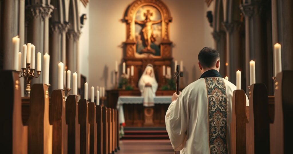 Realistyczne zdjęcie katolickiego duchownego modlącego się w kościele, w tradycyjnych szatach, przed ołtarzem z świecami i obrazami, pełne szacunku i głębokiej wiary.