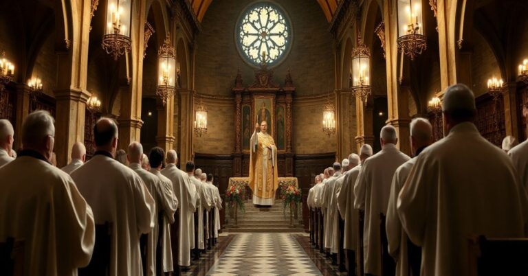 Obraz przedstawiający poważną scenę kościelną ukazującą krytykę zdrady papalnej i apostazji w katolickim kontekście