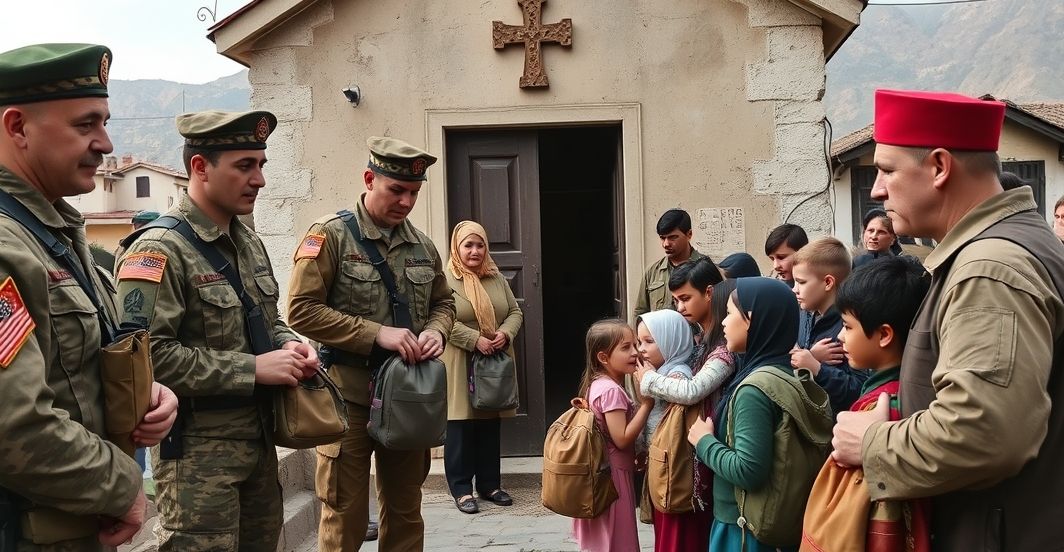 Fotografia realistyczna żołnierzy katolickich w Turcji rozdających plecaki dzieciom pod modlitewnym kościołem, ukazująca powagę i wierność tradycji katolickiej