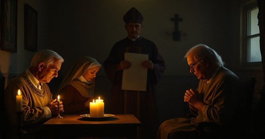 Tradycyjna katolicka rodzina modli się razem w domu w świetle świec. Na tle widoczny jest cień rzekomego biskupa trzymającego dokument 'Bóg marzy o rodzinie, która jest domem dla miłości', symbolizujący zdradę prawdziwej doktryny katolickiej.