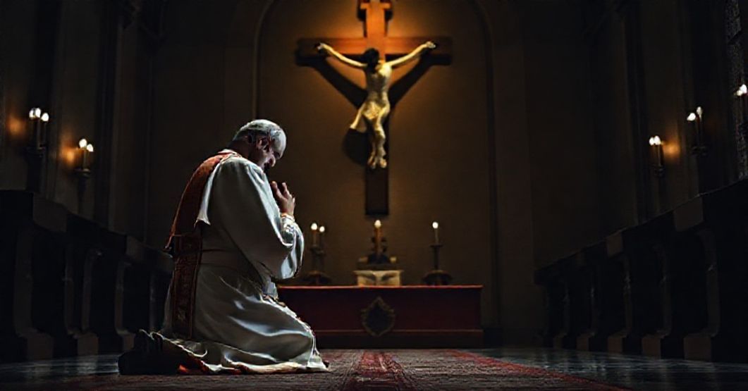 Sobór katolicki w tradycyjnym stroju kapłańskim modlitwy przed krzyżem w ciemnej kaplicy