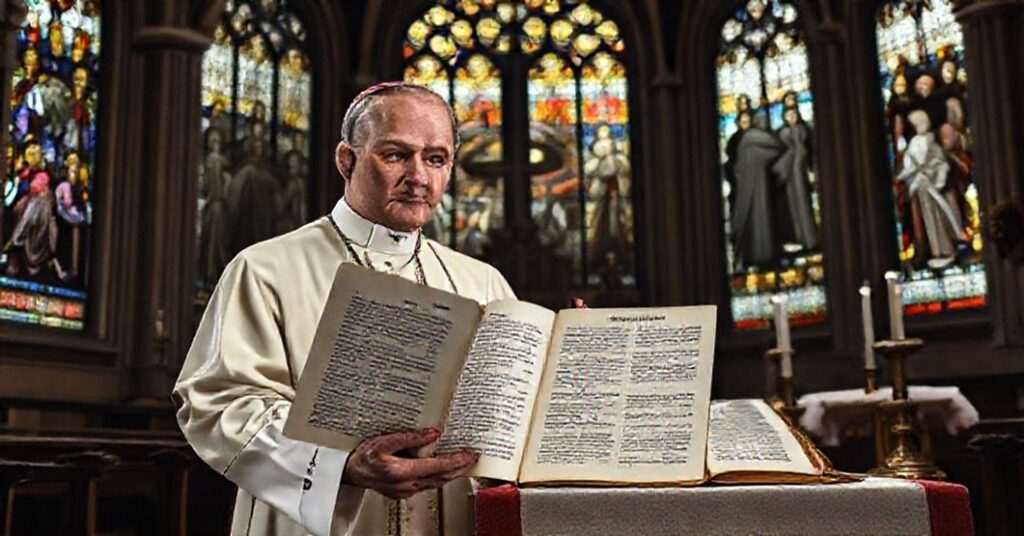 Kardynał w starożytnym kościele trzyma Nicene Creed obok modernistycznego dokumentu 'In unitate fidei', symbolizując zdrada wiary ekumenizmu.