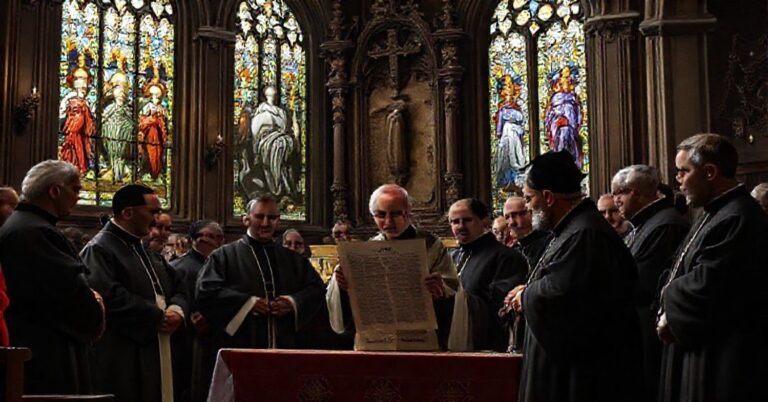 Grupa katolickich tradycjonalistów w starej kościele, refleksyjnie oglądając dokument o zdradzie ekumenicznej.