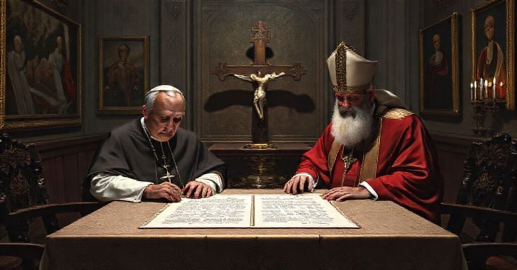 Scena przedstawiająca fałszywe spotkanie León XIV i patriarcha Bartłomieja I podczas podpisywania ekumenicznej deklaracji w Watikanie