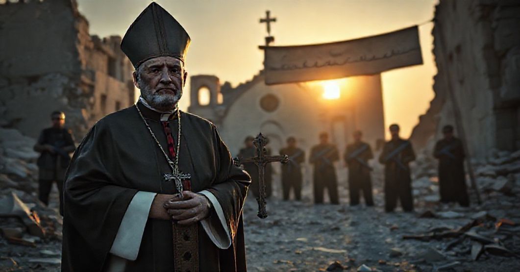 Tradycyjny katolicki biskup w szatach liturgicznych przed zrujnowanym kościołem w Syrii, z militantami islamskimi w tle.