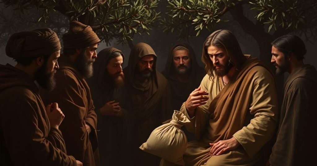 Scena Judy Izcariotycznego w Ogrodzie Oliwnym z Jezusem Chrystusem, otoczona przez Apostołów w przygasłym świetle zdradzieckiego aktu.